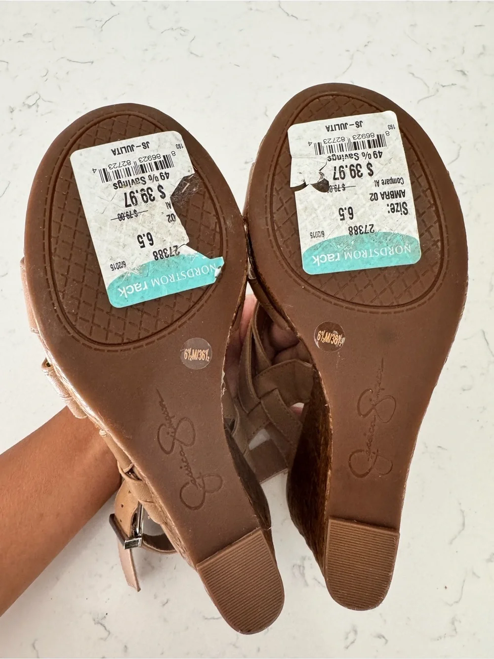 Jessica Simpson Tan Woven Leather Strappy Wedge Sandals